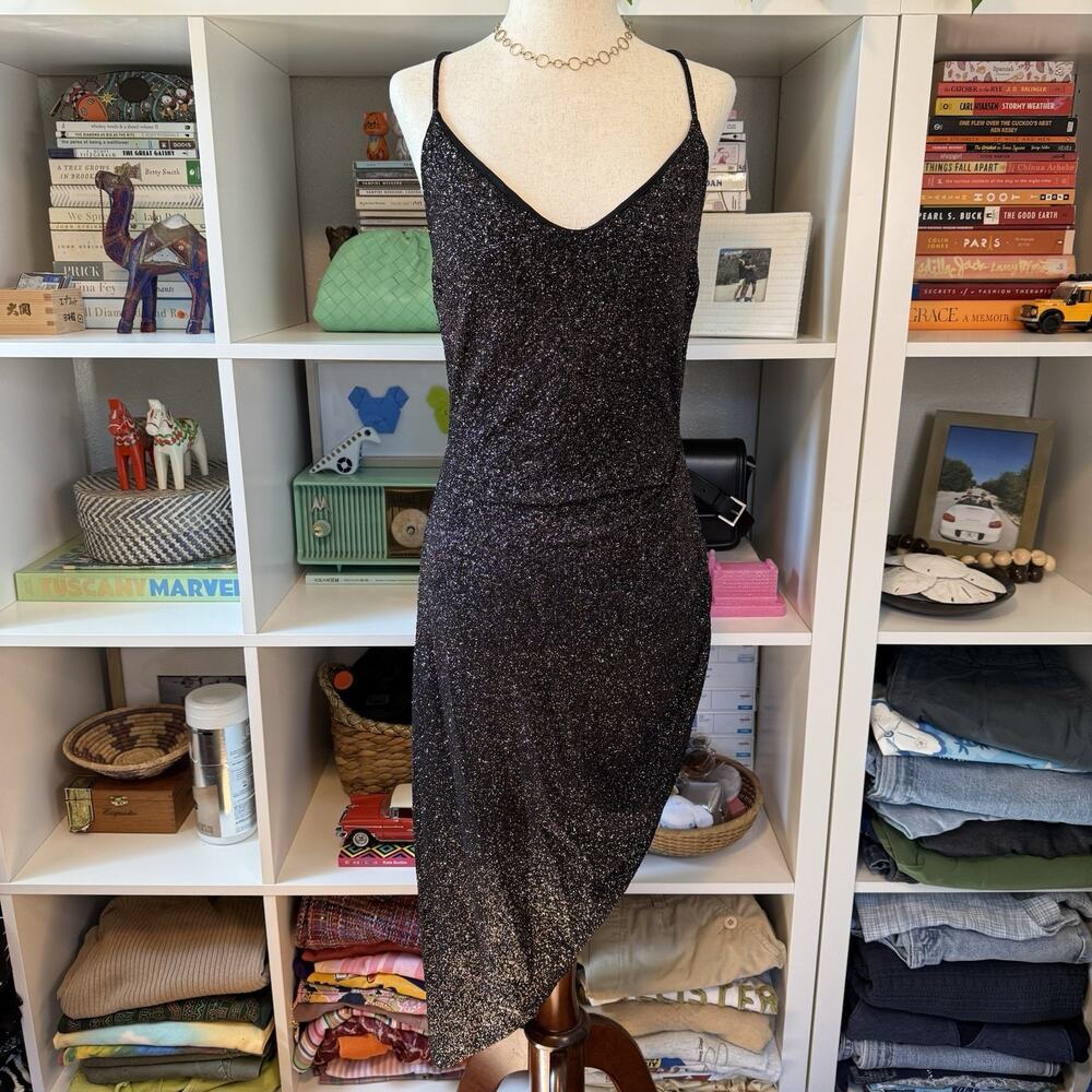 Vintage Y2K Windsor Dark Fairy Glitter Rouched Midi Body-con Dress Black Wms L